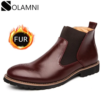 

Brand Winter Chelsea Boots Men Leather Shoes Man Fashion Ankle Boots Warm Plush Motorcycle Boots Big Size Male Platform Shoes 46