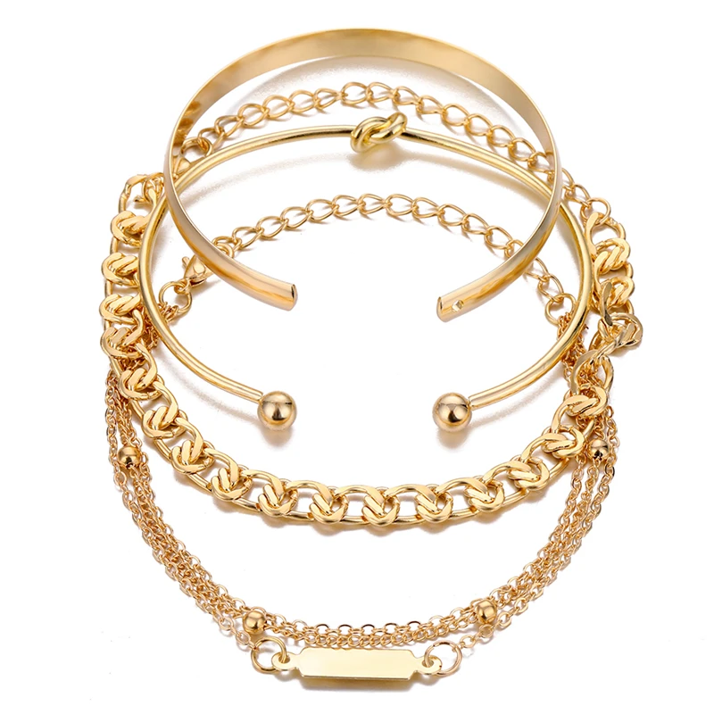 4 Pcs/Set Punk Gold Layered Chain Cuban Bracelets For Women Knot Cuff Bangles - Image 4