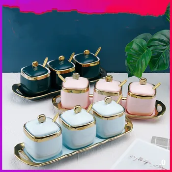 

Ceramic seasoning jar set kitchen household salt jar Japanese seasoning box seasoning box 3-piece set