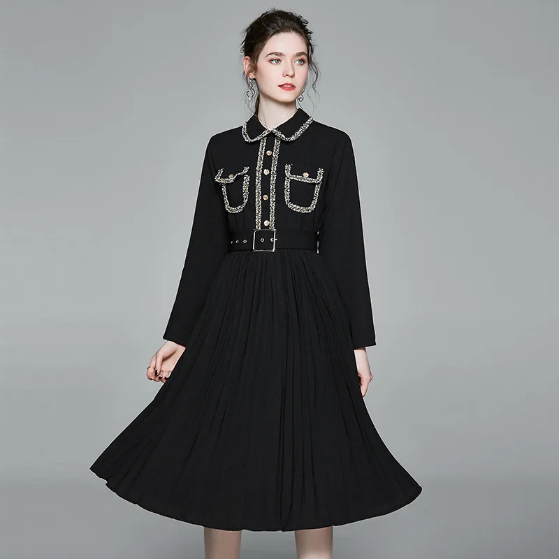 

Europe And America 2020 Spring Shirt Collar High-waisted Graceful Elegant Waist Hugging Slimming Pleated Dress WOMEN'S Dress New