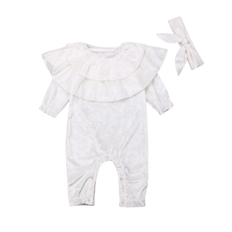Одежда для маленьких девочек; Одежда для новорожденных из бархата с длинными рукавами и комбинезон с оборками комбинезон купальник комплект одежды - Цвет: Белый
