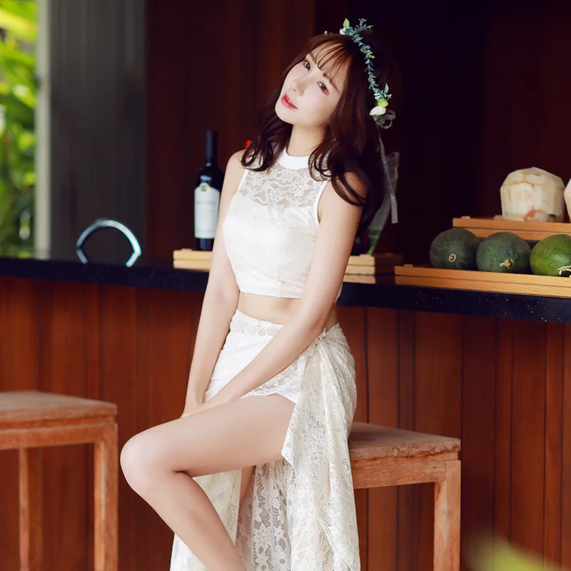 

Two-piece Swimsuits Women's Three-piece Set Lace Bikini Conservative Belly Covering Slimming Small Bust Gathering South Korea Be