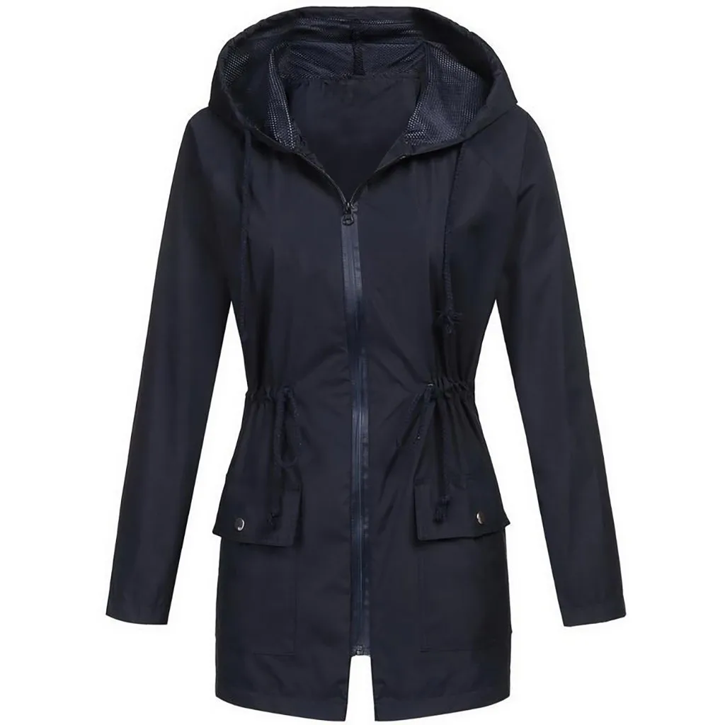 

Women Solid Rain Jacket Slim Elegant Outdoor Plus Size Waterproof Hooded Raincoat Lady Overcoats Windproof Coat Female #904