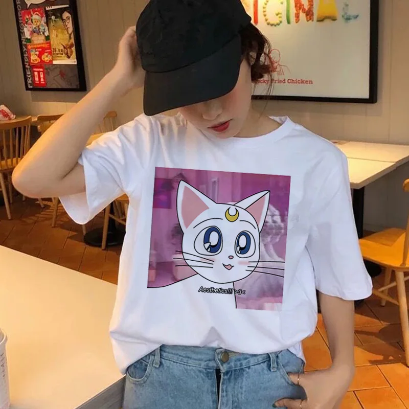 Сейлор Мун Футболка женская kawaii Модные женские футболки в стиле Харадзюку гранж эстетическое удовольствие Ulzzang футболка милый кот футболка с рисунком