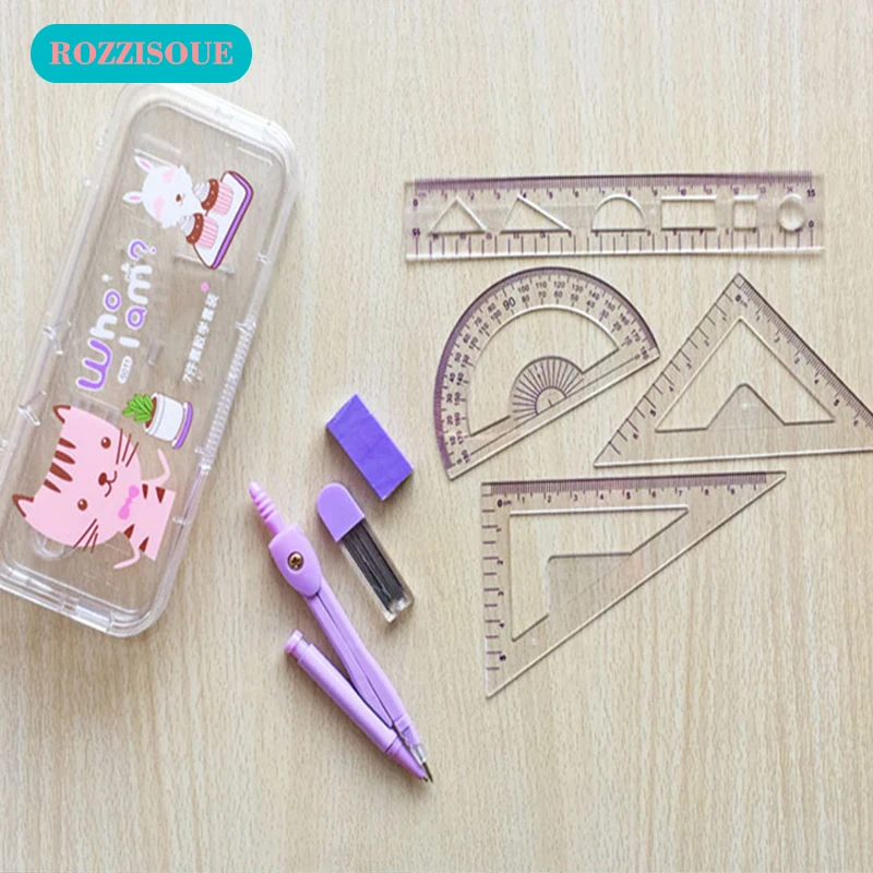 

Hot Metal Geometry Protractor Drawing Cute Korean Stationery School Compasses Set Math Eraser Ruler for Students School Divider
