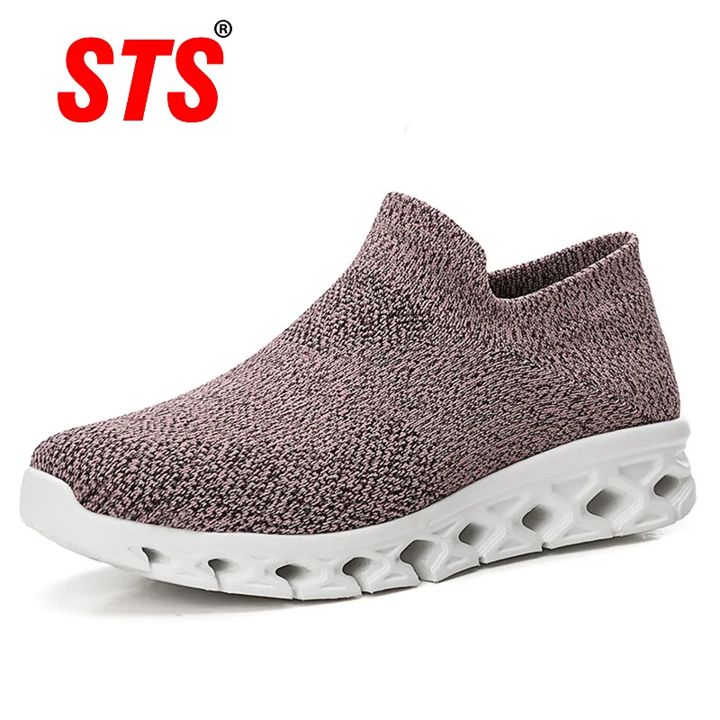 

STS Women's Casual Flats Shoes Socks Mesh Breathable Light Sneakers Soft Ladies Comfortable Outdoor Mother Walking Footwear