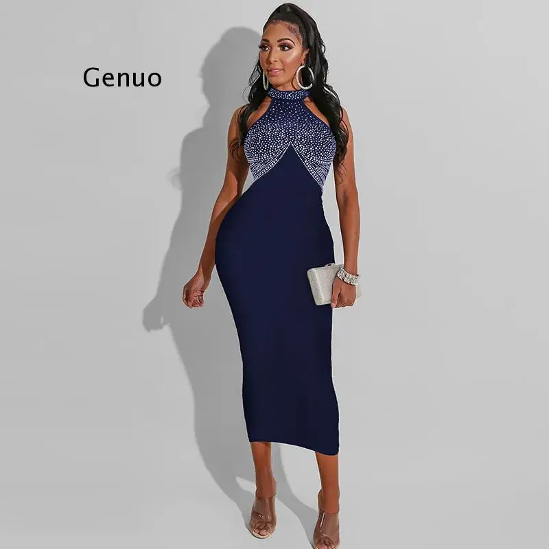 

Elegant Diamond Party Dress Women Sleeveless Midi Bodycon Dress Nightclub Sexy Dresses Club Clothes