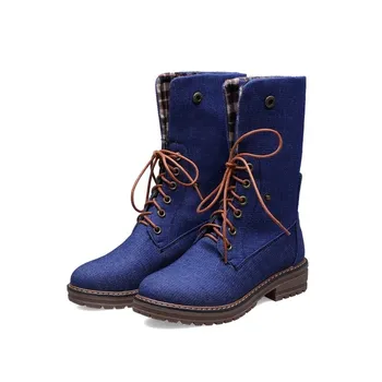

US4-11 Womens Round Toe Denim Jeans Mid Calf Boots Oxfords Low Heel Lace Up Winter Warrm Shoes Motorcycle Plus Size 6Colors D969