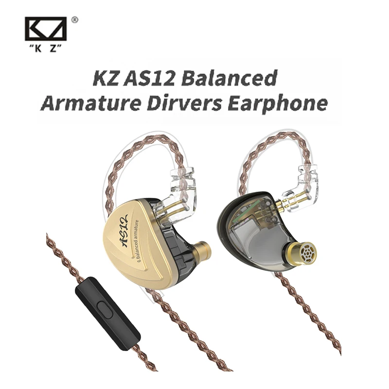 Original KZ AS12 Wired Earphone Perfect Sound Comfortable Wearing Super Compatibility Balanced Armature Earphone 3.5mm Plug