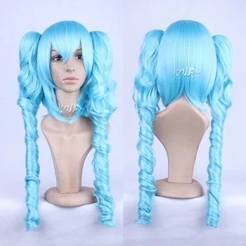 

Hatsune Miku Green-Blue Curly Hair hat wigs Double Tiger Clip Cos Wig free shipping