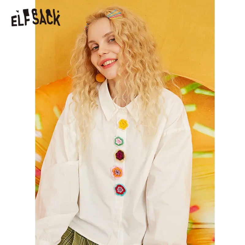 

ELFSACK White Solid Minimalist Style Floral Breasted Blouse Shirt Women 2019 Winter Pure Bishop Sleeve Office Ladies Basics Tops