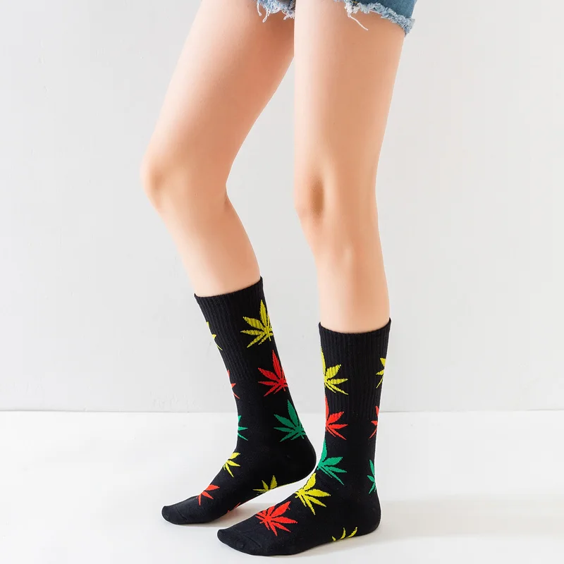 1Pair Comfortable Top Quality Cotton Sport Socks New Breathable Cycling Hemp Leaf Casual Long Weed Crew Sock hardloopsokken
