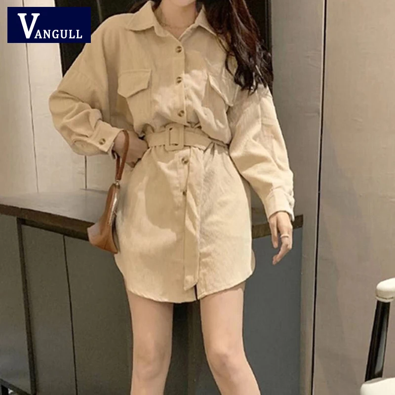 

Vangull Women Corduroy Solid Dress high waist slim elegant short dress 2019 New Female Turn Down Collar A-Line With Sashes