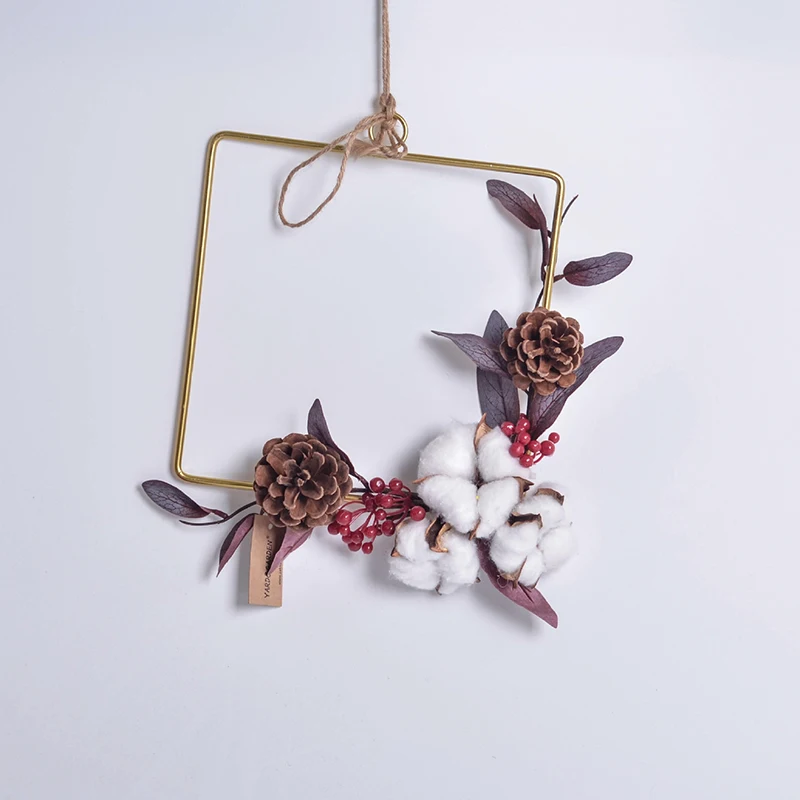 JAROWN European Style Geometry Metal Cotton Flower Garland Hemp Rope Home Wall Decoration Furnishing Artificial Plant Hanging Ring (18)