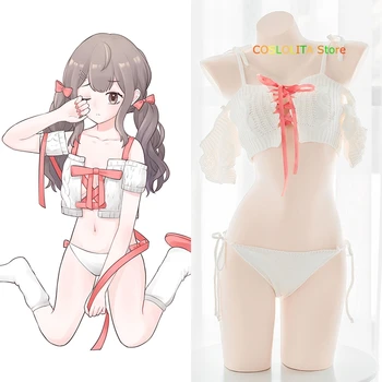 

Sling Bandage Sweater Wrapped Chest Bubble Sleeve Intimates Set Young Girls Cute Satin Ribbon Hollow Out Underwear Suit Cosplay