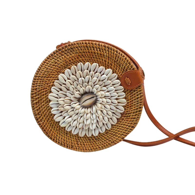 

Fashion Round Shoulder Bag Rattan Hand Woven Beach Straw Hand Bags Small Mini Shell Crossbody Messenger Bag For Women Ladies 0