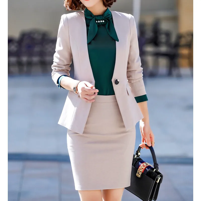 

New Business Beige Spring Clothes For Ladies Office Uniform Blazer Work Suit Styles Formal Women Suits Skirts And Tops