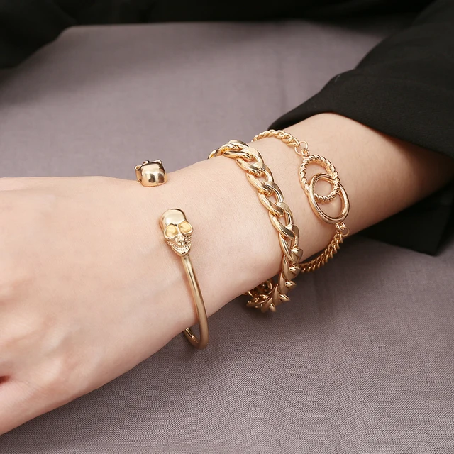 Punk Curb Cuban Chain Bracelets Set for Women Multilayer Miami Boho Thick Gold Color Charm Bracelets Bangles Fashion Jewelry Antique Gold Plated