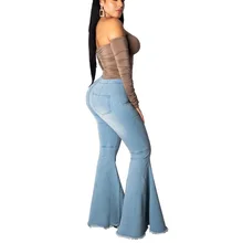 Джинсовые расклешенные джинсы в Корейском стиле с высокой талией, женские джинсовые джеггинсы, женские Стрейчевые джинсы, синие брюки с эластичной резинкой на талии, осень