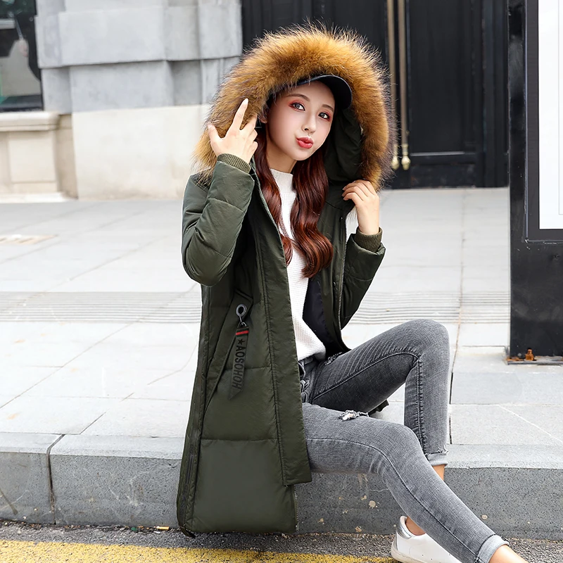 Solid Fur Hooded Thicken Long down cotton coats Women Casual Long Sleeve Warm Cotton Coats Female Hardy Jackets New large size