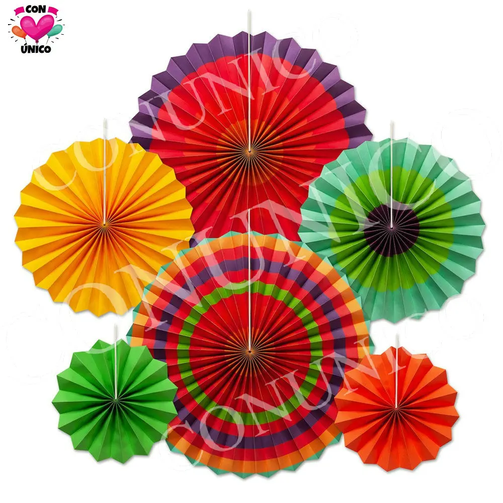 Conunico Set of 6 Vibrant Hanging Paper Fans Rosette Flowers Mexican Fiesta Carnival Birthday Baby Shower Decoration 08052 | Дом и сад
