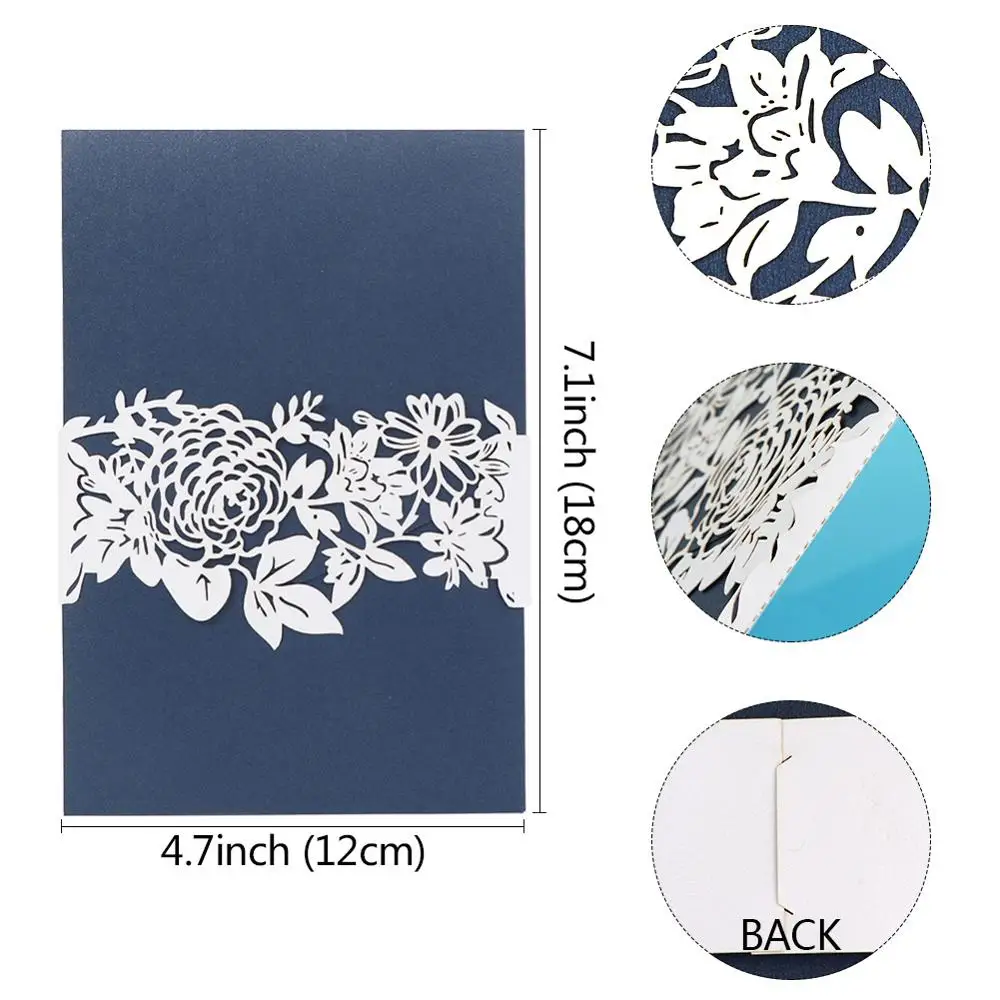  OurWarm 10Pcs Laser Cut Flower Wedding Invitations with Envelopes Pocket Invites Navy Blue Tri-Fold - 4000409661828