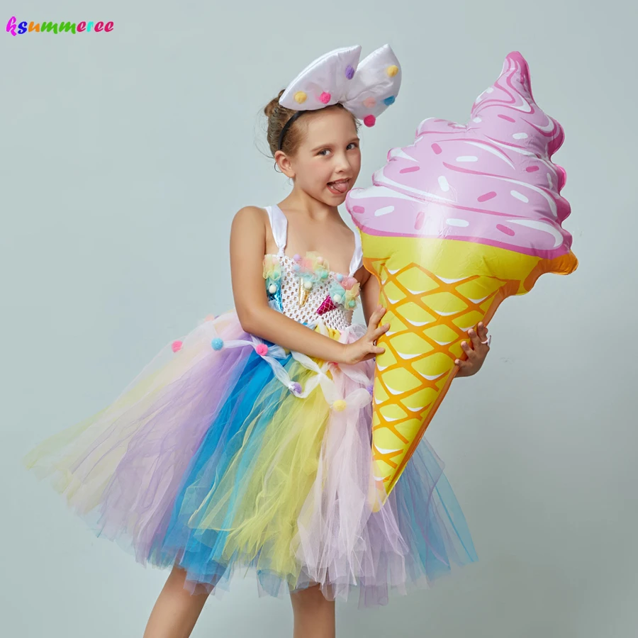Ice Cream Applique Girls Tutu Dress With Bow Pompom Design Kids Sweet