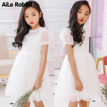 

Girls Dress Short Sleeve Fairy Gauze White Wedding Flower Girl Dress Lace Princess Veil Puff Sleeve Kids Wear Vestidos Niña