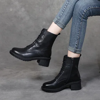 

Women Leather Boots Ankle Autumn Shoes For Women High Heels Black 100Martins Boot Handmade Genuine Leather Soft Women Boots2020