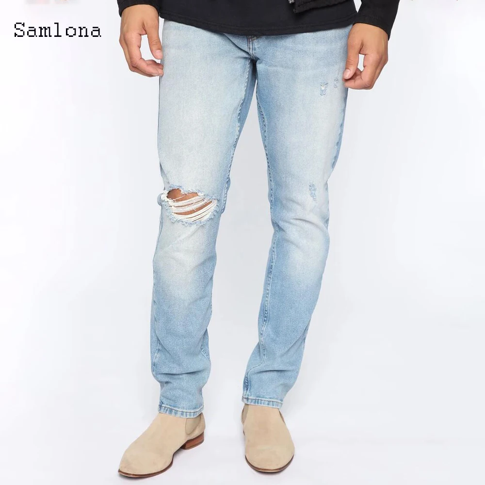 

Samlona Men Jeans Trousers 2020 European and American style Male Fashion Jeans Casual Loose Ripped Hole Light blue Denim pants