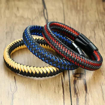 

ZORCVENS Fashion Braided Black Blue Leather Bracelet Men Stainless Steel Magnetic Clasp Charm Bangles Male Wrist Band Gifts
