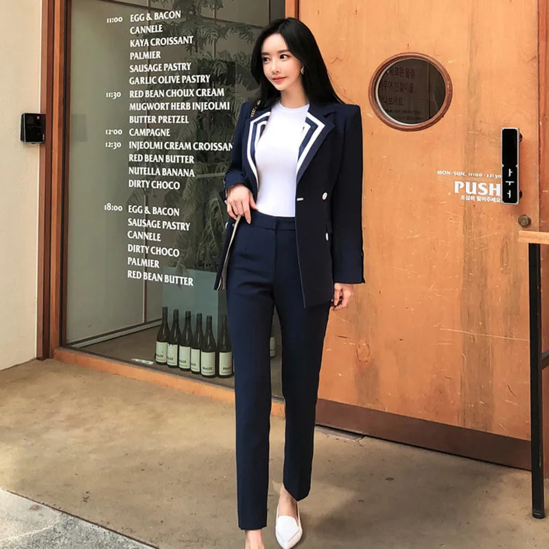 

Plus Size 2019 Double Button Blazer and Sheath Pants Solid Suit Autumn Winter Fall Clothes Women OL Work Office Two Piece Set