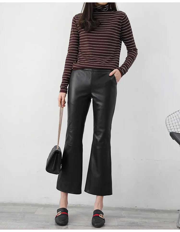 Кожаные Брюки женские расклешенные брюки-клеш новые модные женские кожаные брюки из натуральной овчины