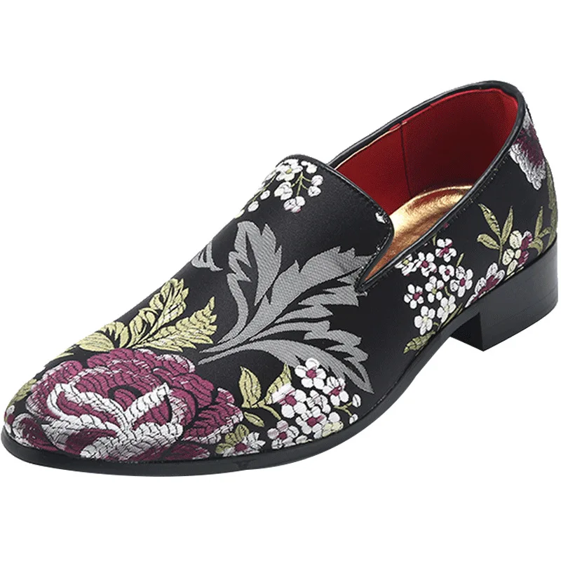 

37~48 Plus Size Men Embroidery Flower Loafers Dress Wedding Shoe Pointed Toe Slip On Mens Flat Loafer Designer Classic Shoes