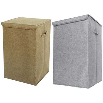 

2 Pcs Cotton Laundry Basket with Cover Bathroom Laundry Basket Kitchen Storage Basket (Coffee Large & Gray Large)