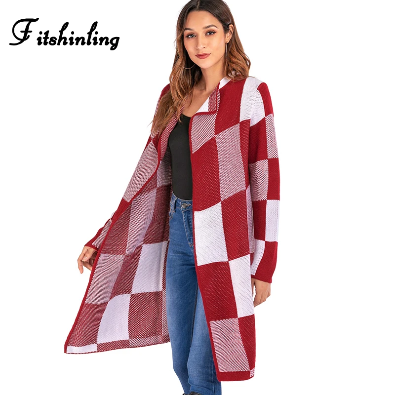 

Fitshinling Plaid Vintage Boho Long Cardigan Female Checkerboard Winter Women's Knitted Jacket 2019 Cardigan Women Sweaters New