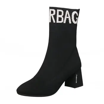 

2020 Sock Boots Women Stretch Knitting Square High Heel Ankle Boots Fashion Black Pointed Toe Autumn Spring Ladies Shoes