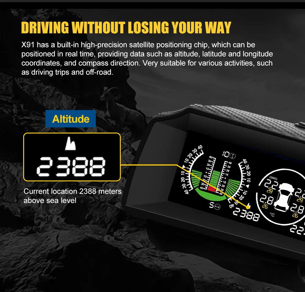 AUTOOL X91 3in1 HUD GPS Speedometer Slope Meter TPMS for All Vehicle Speed  Inclinometer Car Compass Pitch Tilt Angle Protractor