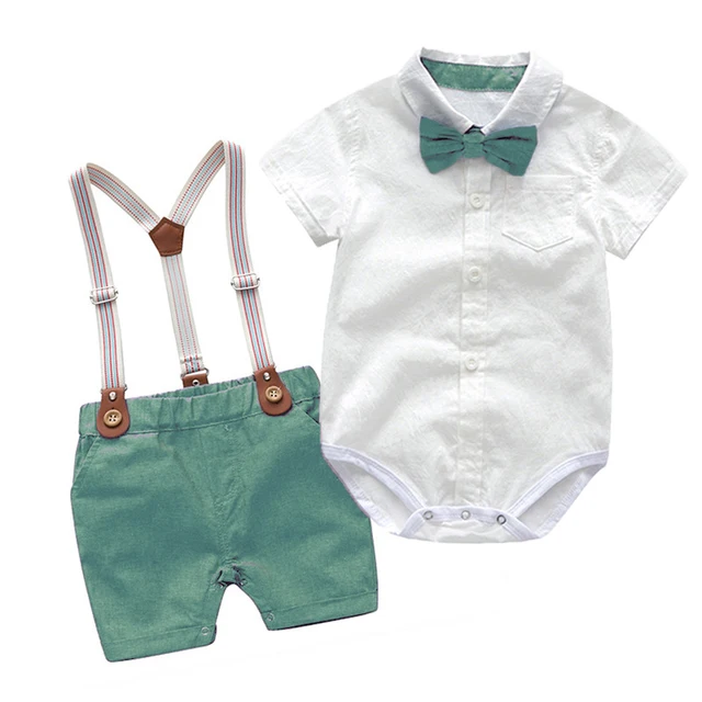 Baby Boy Clothes Summer Gentleman Birthday Suits Newborn Party Dress Soft Cotton Solid Rmper + Belt Pants Infant Toddler Set 1