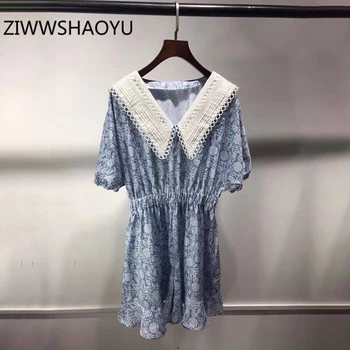 

ZIWWSHAOYU Summer Women Blue Floral Print Vintage Playsuits Fashion Designer Ladies V-Neck Elastic Waist Short Rompers 2020