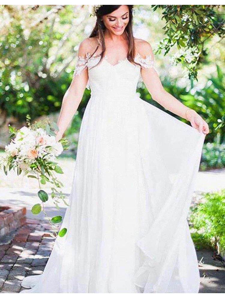 Vestido De Noiva Off Shoulder Beach Wedding Dresses 2020 White A-Line Bridal Sweep Spring Garden Chiffon Bridal Dress (2)
