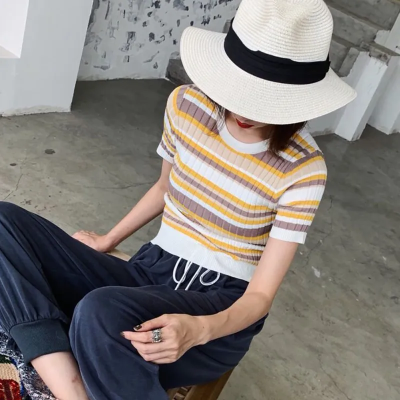 

2019 Summer New Style Elegant Fashion Design Women's Pullover Casual Round Neck Striped Short Sleeve Slim Knitted Top T-Shirt