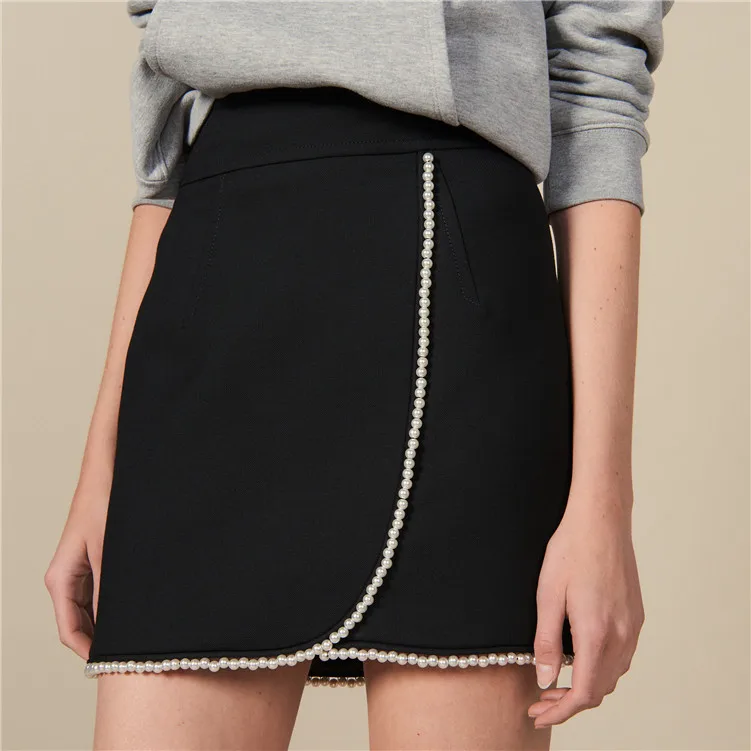 Новая подиумная мини черная юбка Роскошные Дизайнерские Лоскутные женские осенние юбки с бисером женские элегантные вечерние юбки для офиса