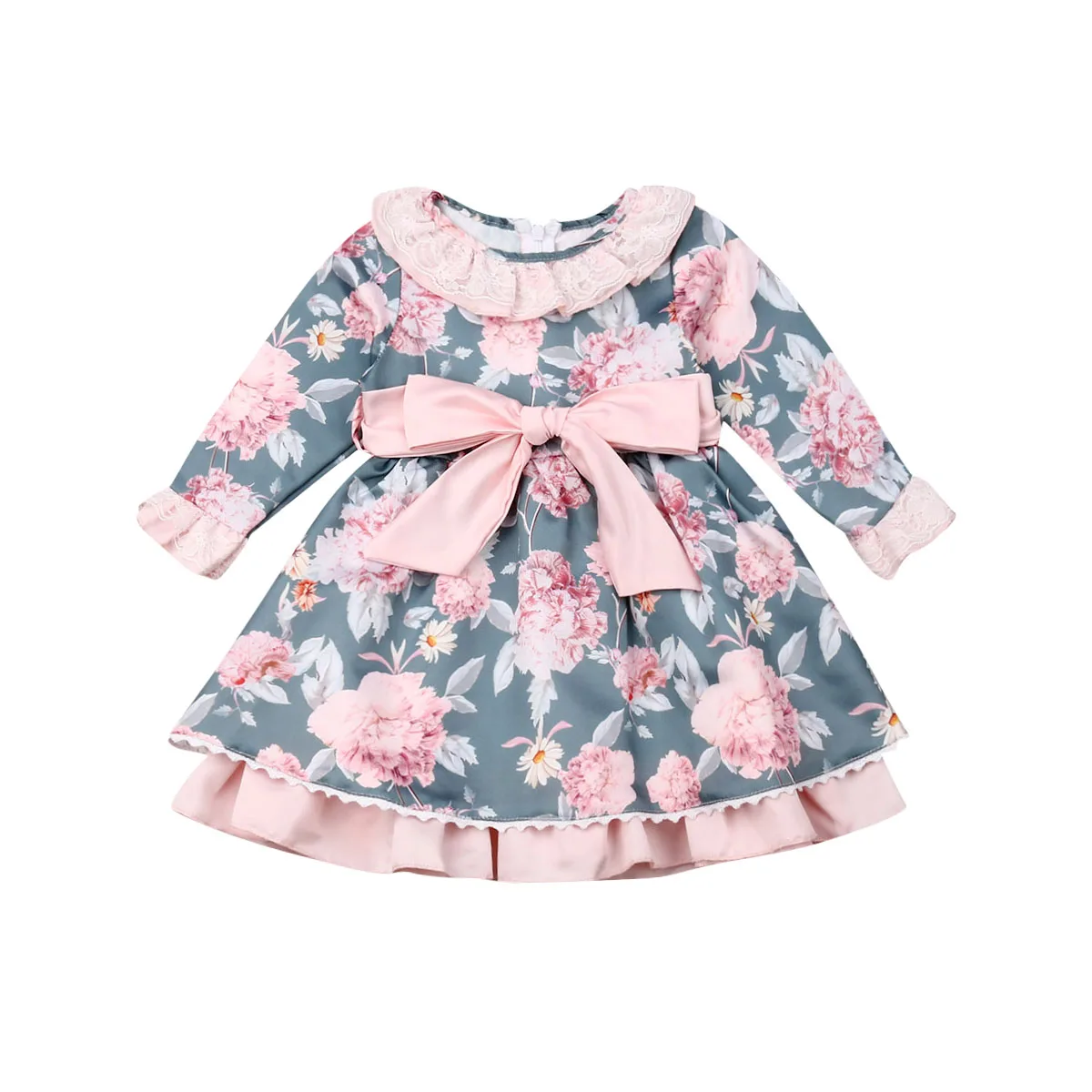 1-6Y Toddler Baby Kid Girls Flower Dress Lace Floral Big Bow Tutu Party For Vintage Children Costumes Long Sleeve | Детская одежда и