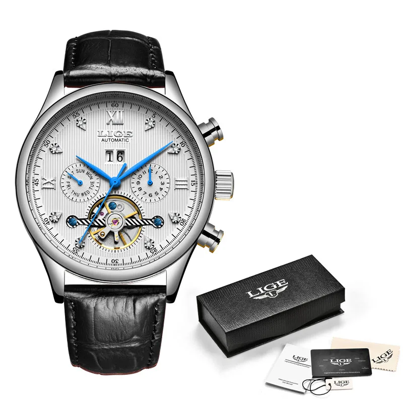 L Silver white LIGE Новые Мужские часы Мужские Топ брендовые Роскошные автоматические механические часы мужские водонепроницаемые полностью стальные часы бизнес класса Relogio Masculino - Цвет: L Silver white