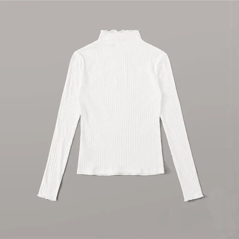 ROMWE Lettuce Trim Neck Rib-Knit Form Fitted Top Solid Fall Clothes for Women Stand Collar Black T Shirt Long Sleeve Ladies Tops