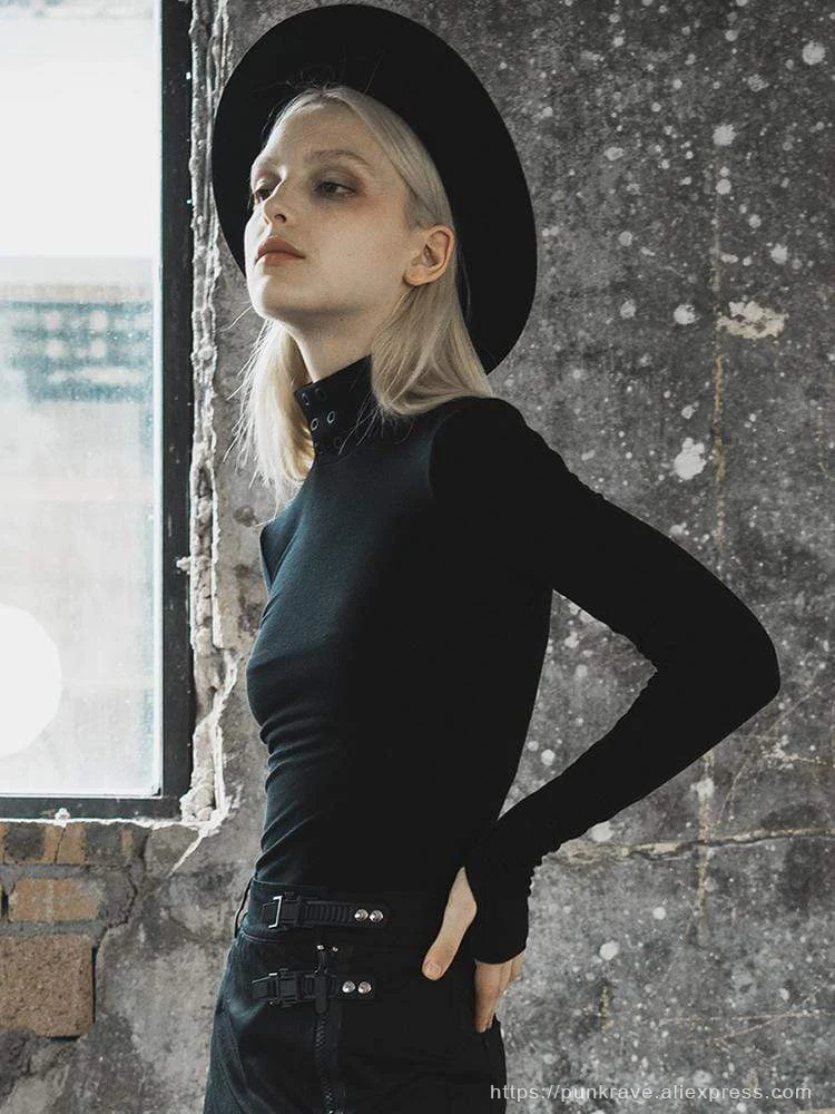 Панк RAVE Girl's Gothic Casual Aliens модные облегающие черные футболки с высоким воротом и Красной веревкой, женские топы с длинным рукавом в стиле панк