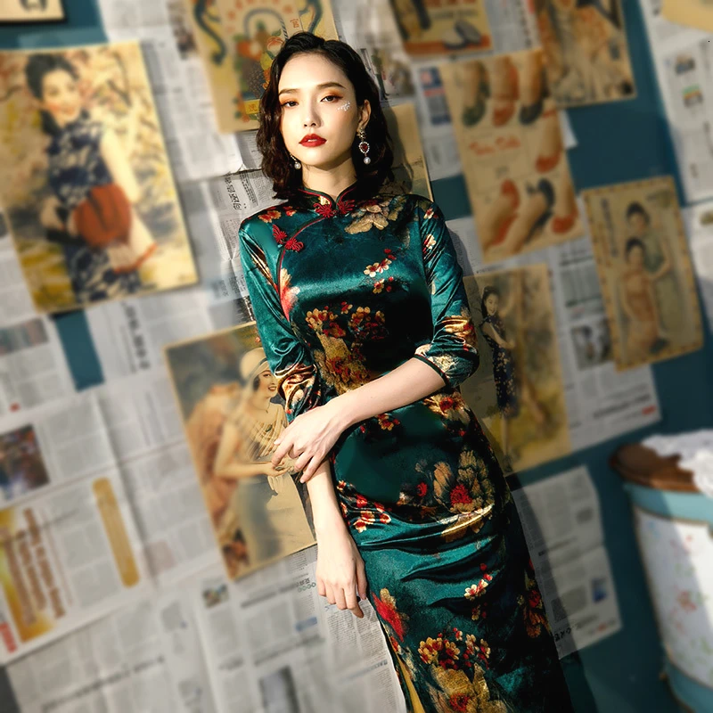 L 5XL женские осенние велюровые платья Cheongsam плюс размер бархатное позолоченное