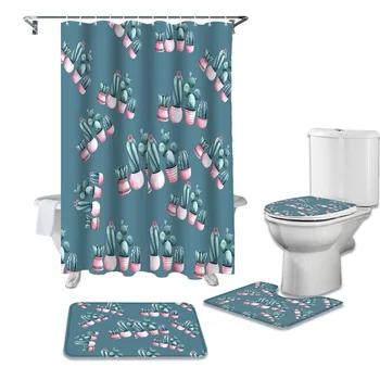

Green Cactus Shower Curtains Set Bathroom Waterproof Shower Curtain Bathroom Set with Shower Curtain and Rugs