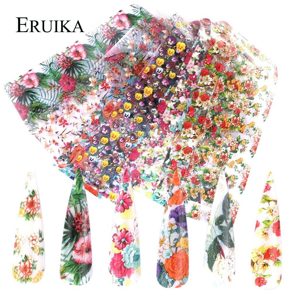 ERUIKA, 10 шт., наклейки для ногтей, набор цветов, переводные наклейки, смешанный дизайн ногтей, переводные наклейки для маникюра, переводные наклейки для ногтей, сделай сам, украшение салона